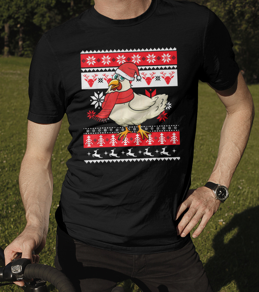 Ugly Christmas Chicken Santa Hat Snowflakes Reindeer Red Scarf T-Shirt
