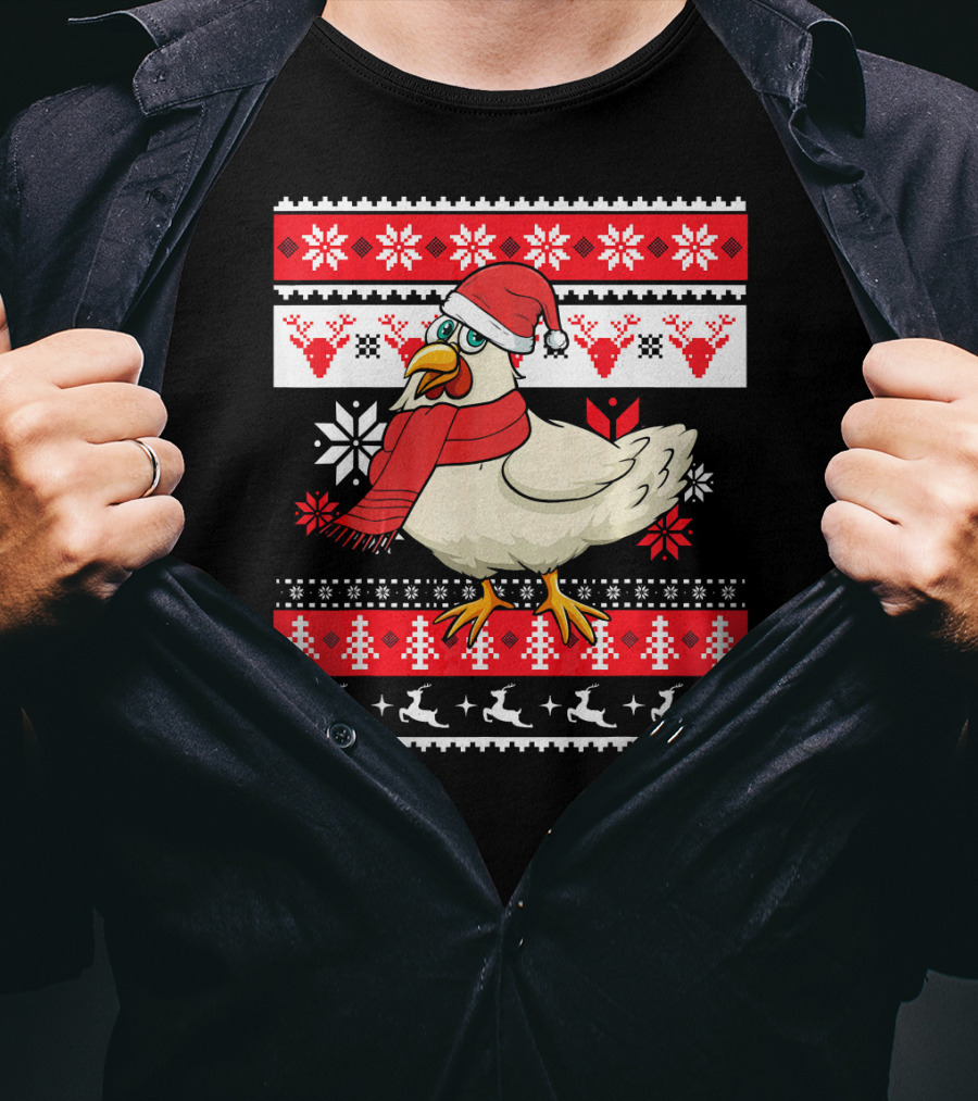 Ugly Christmas Chicken Santa Hat Snowflakes Reindeer Red Scarf T-Shirt