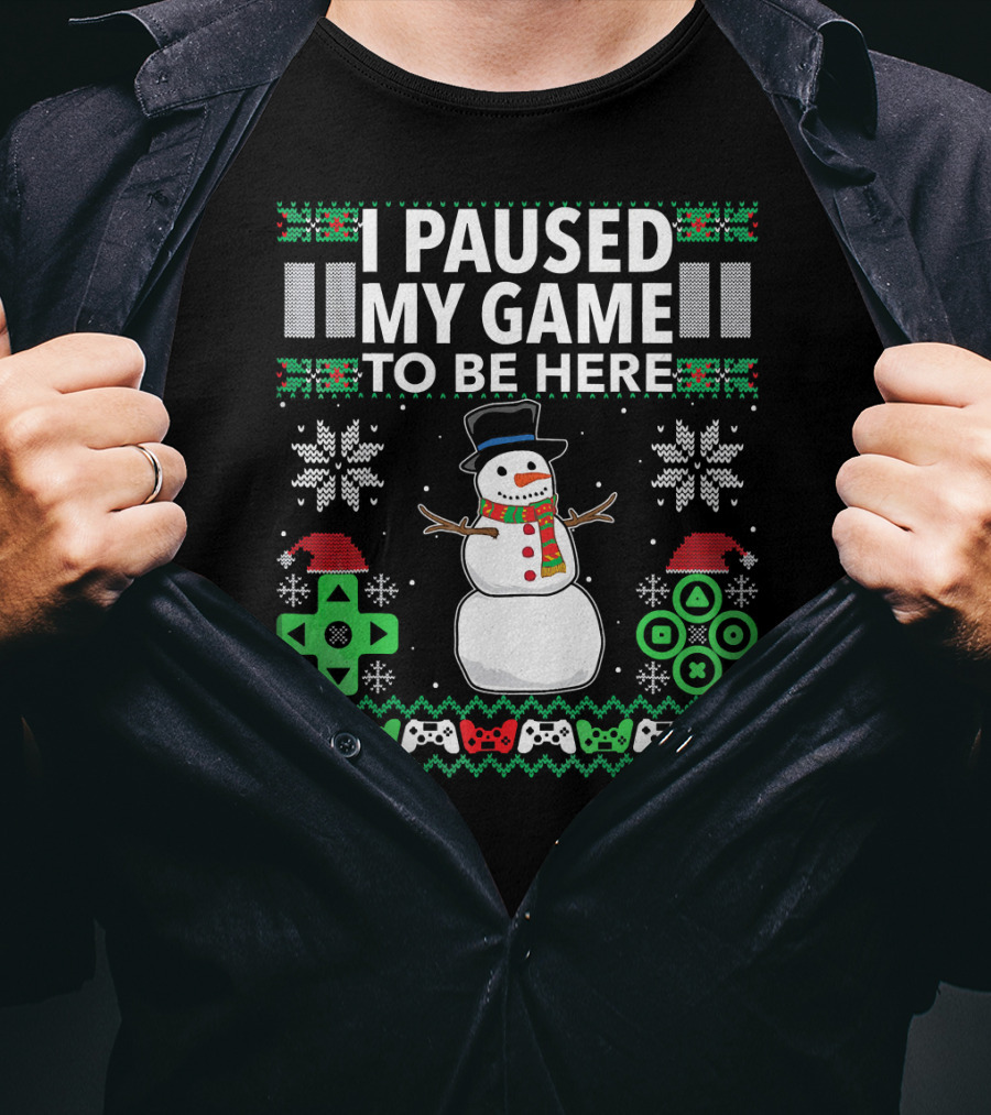I Paused My Game To Be Here Snowman Video Game Controller Christmas T-Shirt