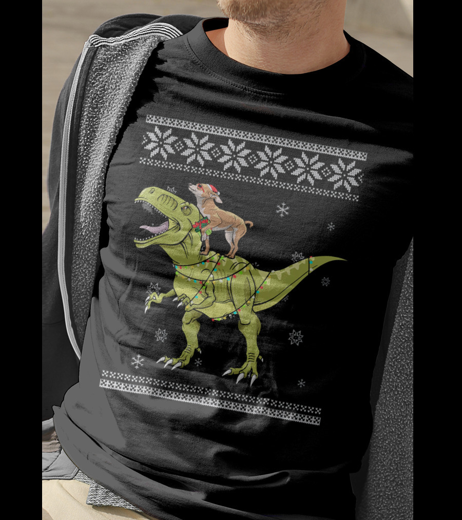 Chihuahua Riding Rex Dinosaur With Christmas Lights And Snowflakes T-Shirt