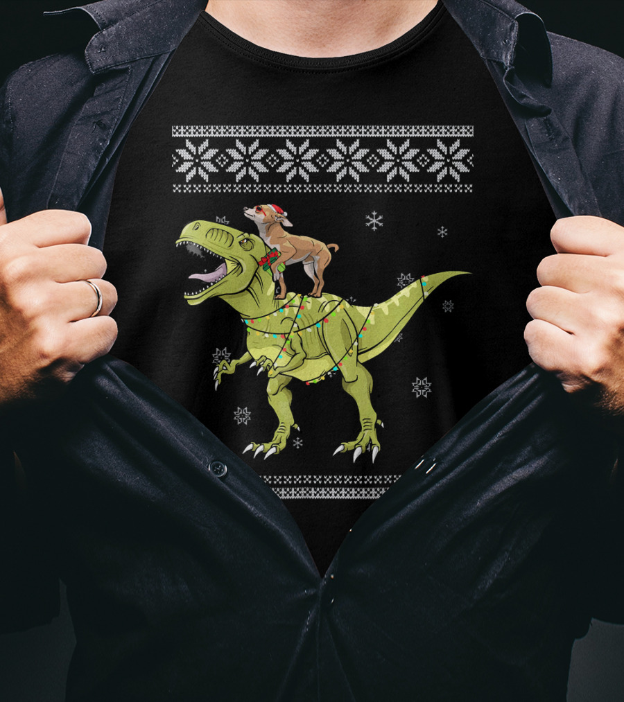 Chihuahua Riding Rex Dinosaur With Christmas Lights And Snowflakes T-Shirt