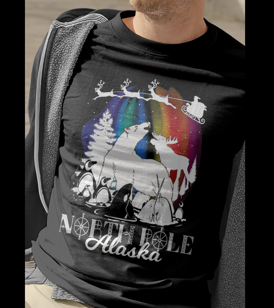 North Pole Alaska Aurora Borealis Polar Bears Reindeer Penguins Santa Sleigh T-Shirt