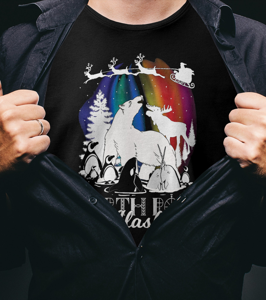 North Pole Alaska Aurora Borealis Polar Bears Reindeer Penguins Santa Sleigh T-Shirt