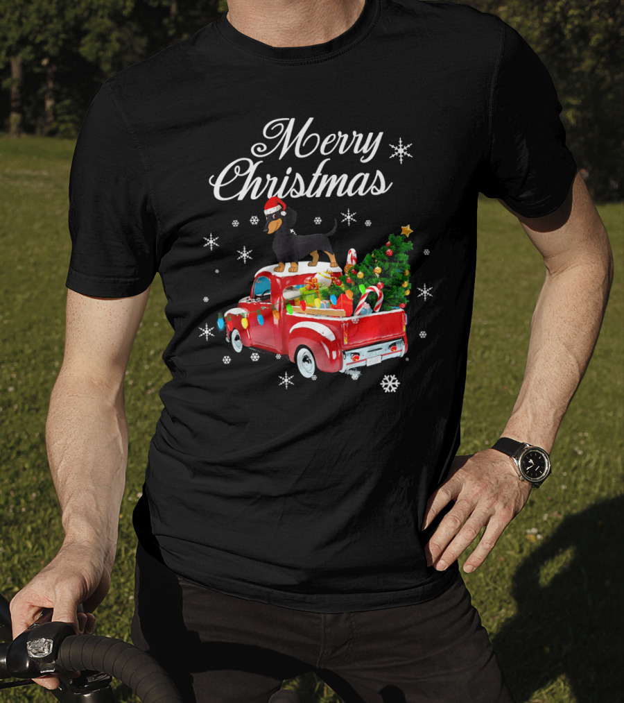 Merry Christmas Dachshund On Red Truck With Gifts And Tree T-Shirt