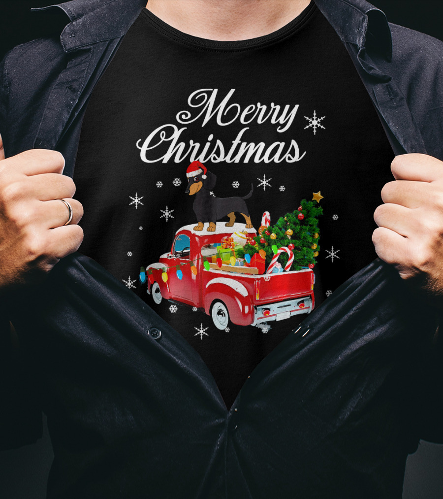 Merry Christmas Dachshund On Red Truck With Gifts And Tree T-Shirt