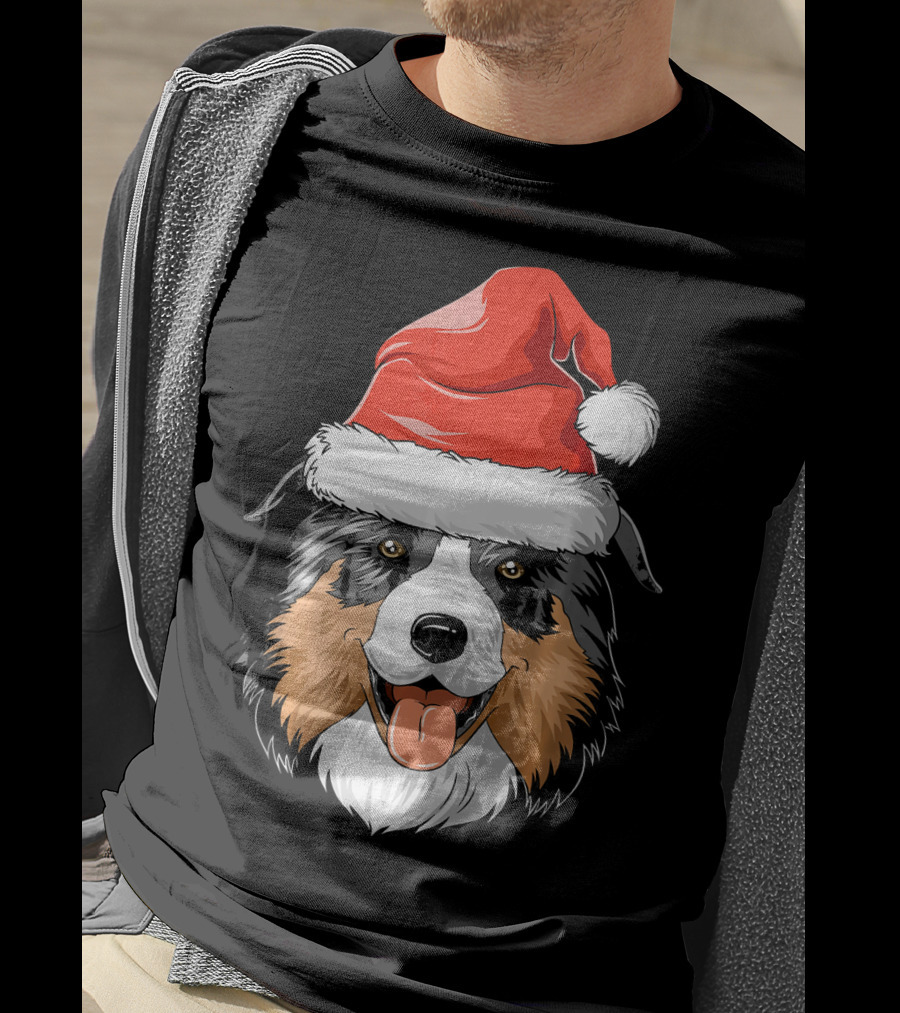 Australian Shepherd Dog Wearing Festive Santa Hat T-Shirt