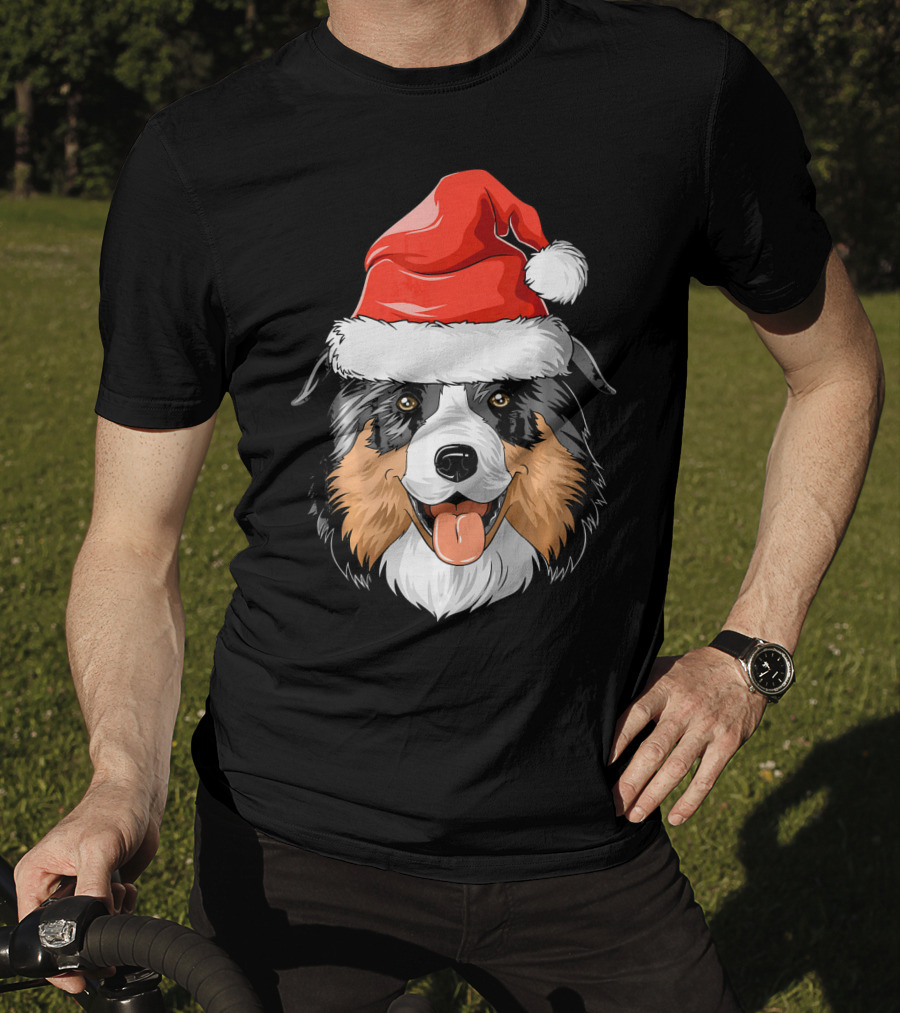 Australian Shepherd Dog Wearing Festive Santa Hat T-Shirt