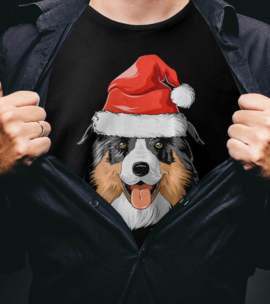Australian Shepherd Dog Wearing Festive Santa Hat T-Shirt