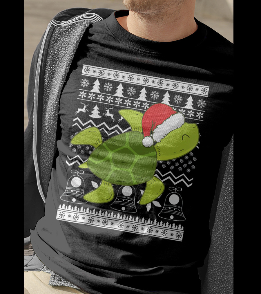 Sea Turtle Santa Holiday Sweater Design With Christmas Bells, Reindeer, Trees, And Snowflakes T-Shirt