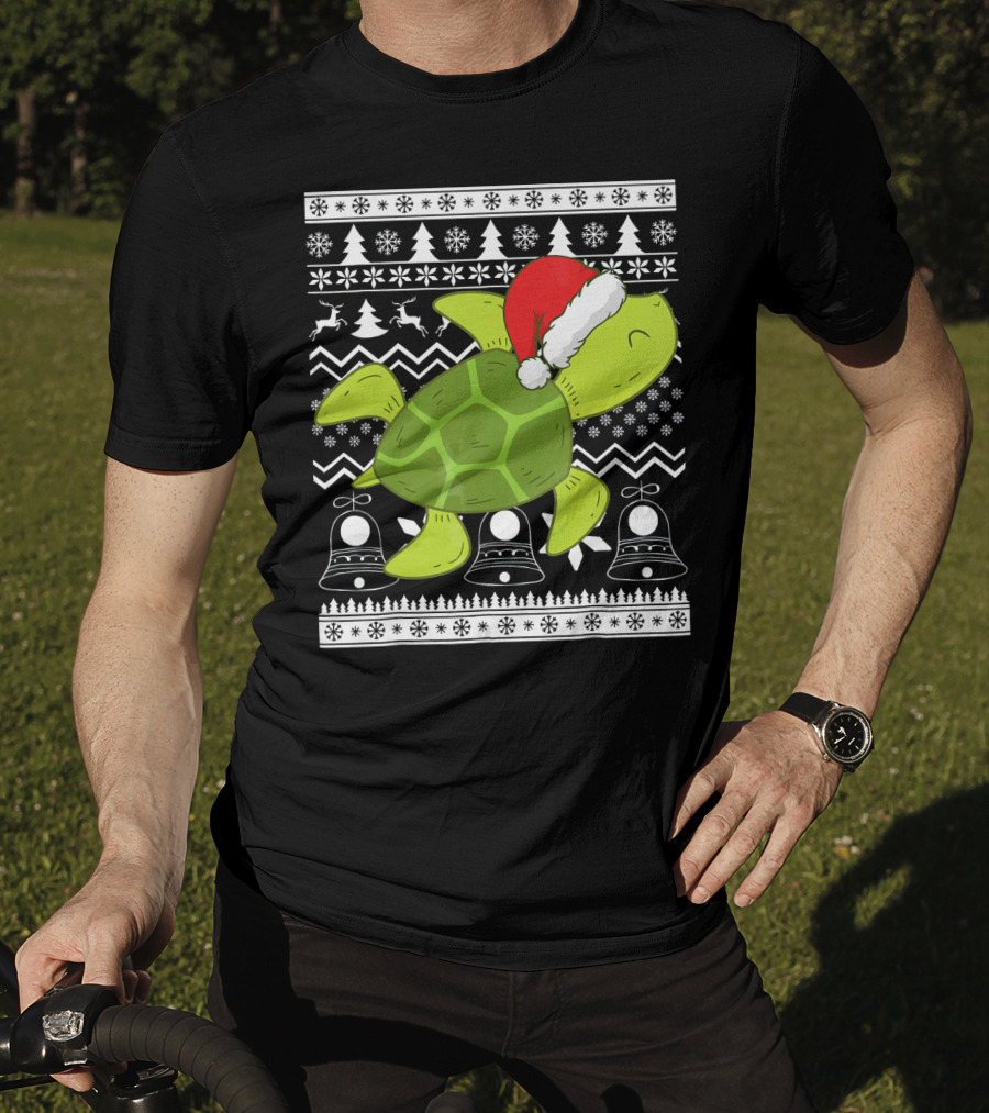 Sea Turtle Santa Holiday Sweater Design With Christmas Bells, Reindeer, Trees, And Snowflakes T-Shirt