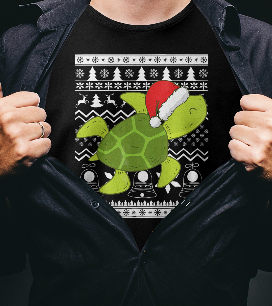 Sea Turtle Santa Holiday Sweater Design With Christmas Bells, Reindeer, Trees, And Snowflakes T-Shirt