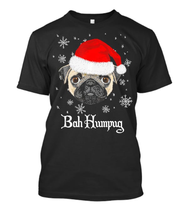 Bah Humpug Funny Christmas Pug Lover Santa Hat Snowflakes T-Shirt