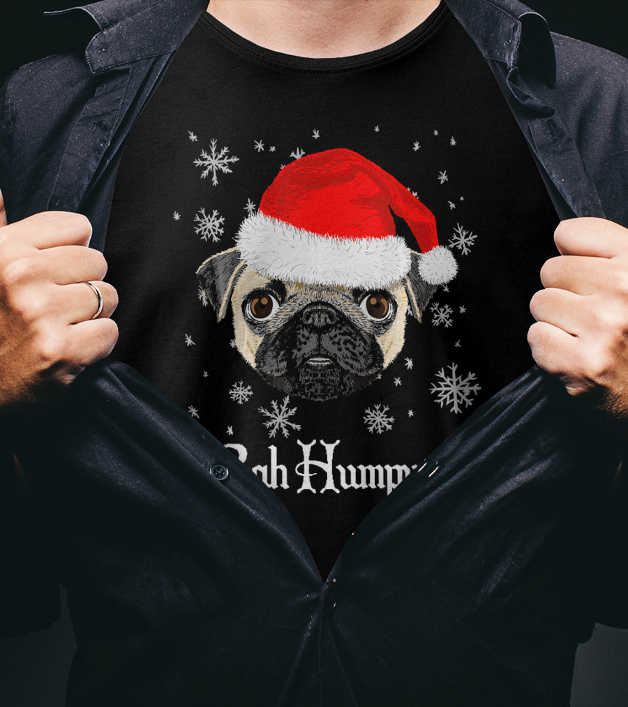 Bah Humpug Funny Christmas Pug Lover Santa Hat Snowflakes T-Shirt