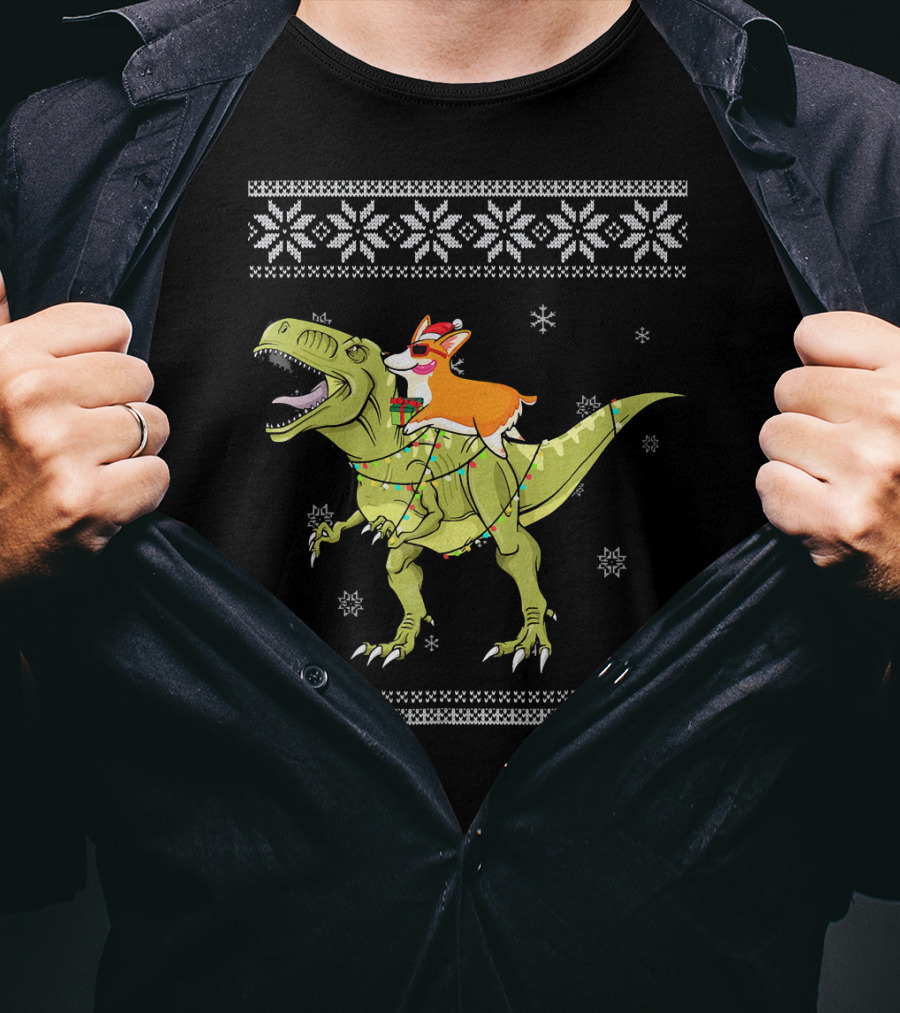 Corgi Riding T-Rex Dinosaur Christmas Lights Snowflakes Ugly T-Shirt