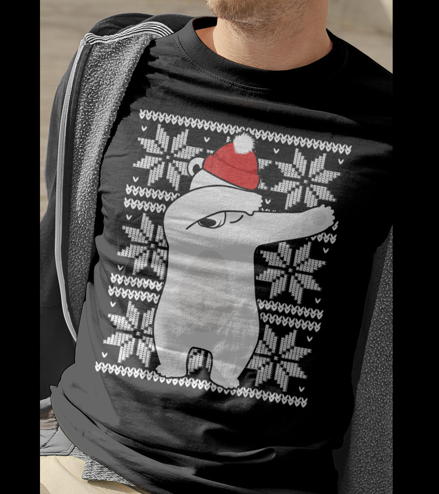 UGLY CHRISTMAS Dabbing Polar Bear In Santa Hat With Snowflake T-Shirt