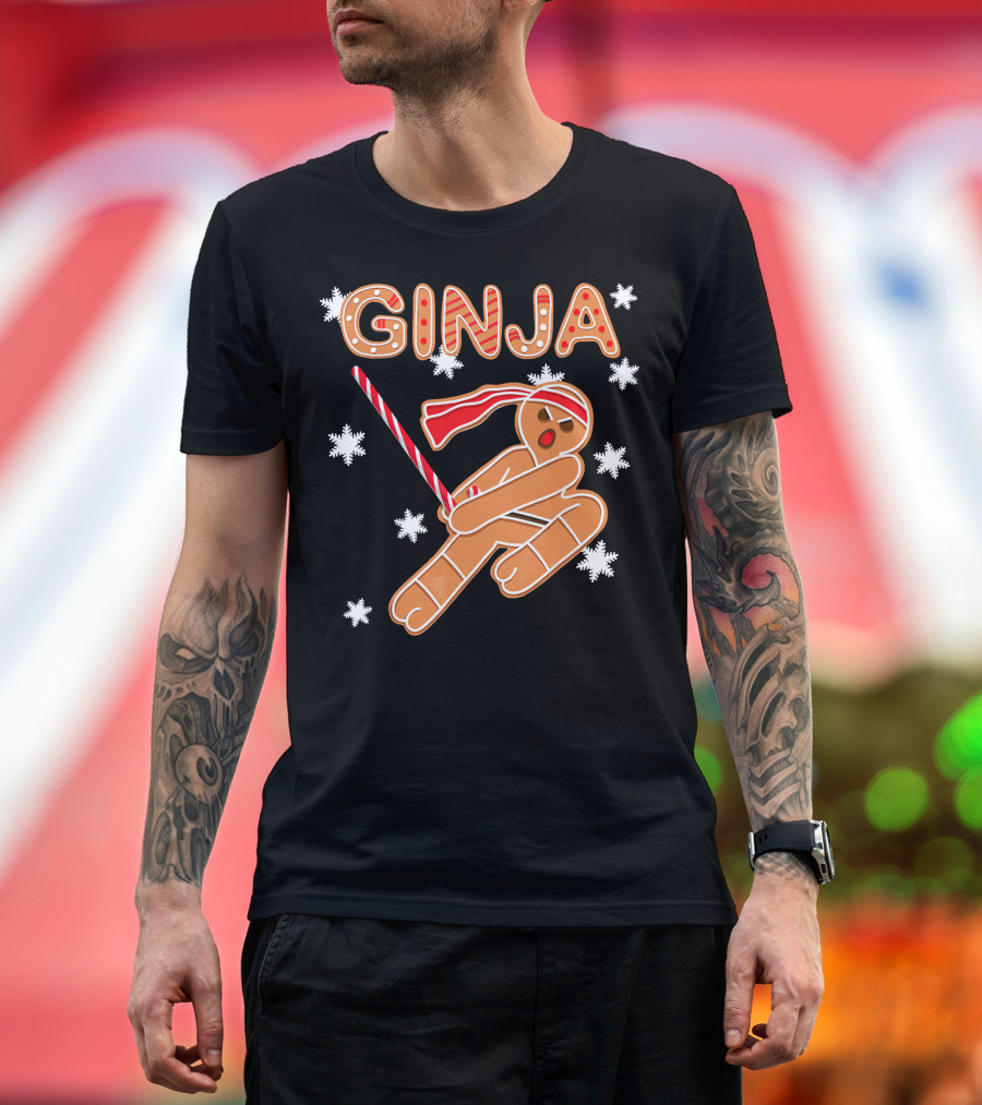Gingerbread Ginja Funny Christmas Ninja Candy Cane Snowflakes T-Shirt
