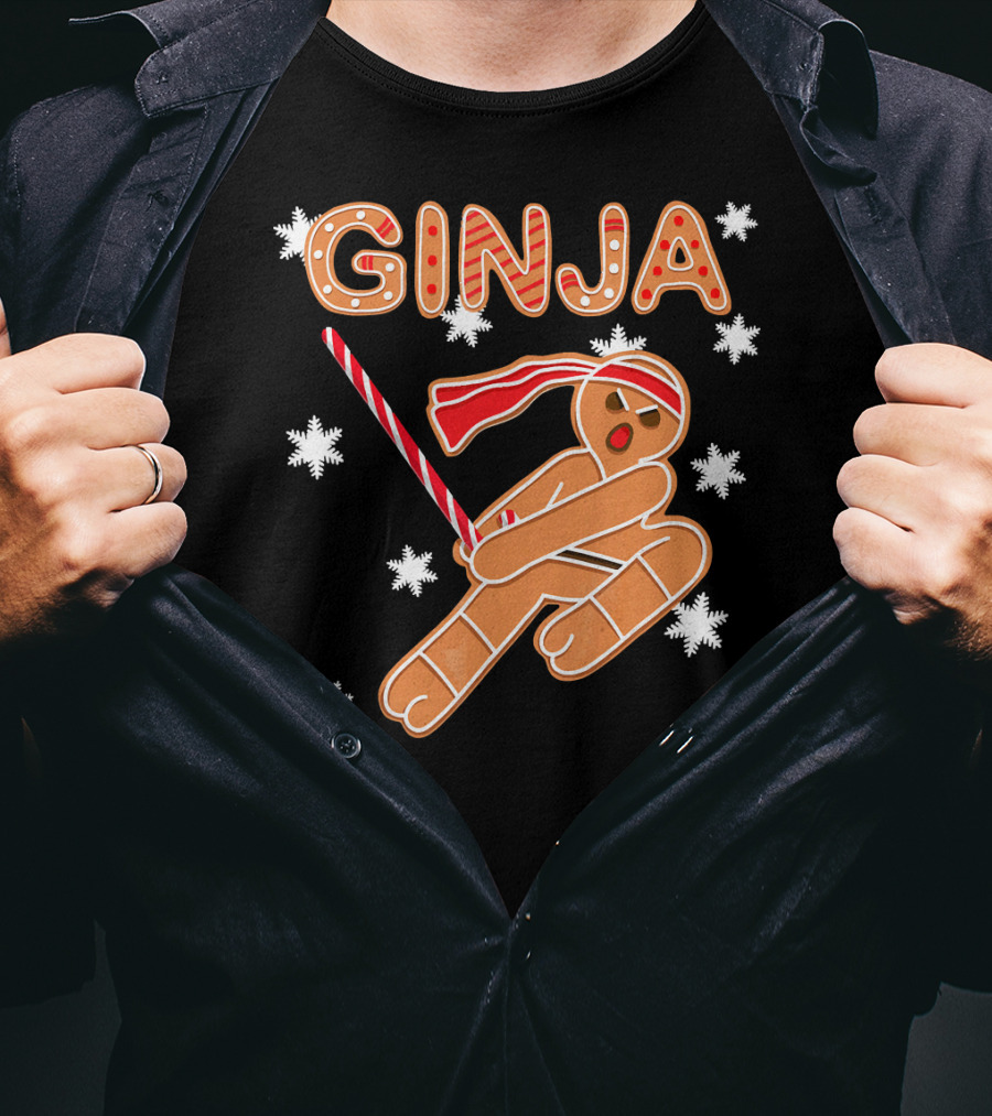 Gingerbread Ginja Funny Christmas Ninja Candy Cane Snowflakes T-Shirt