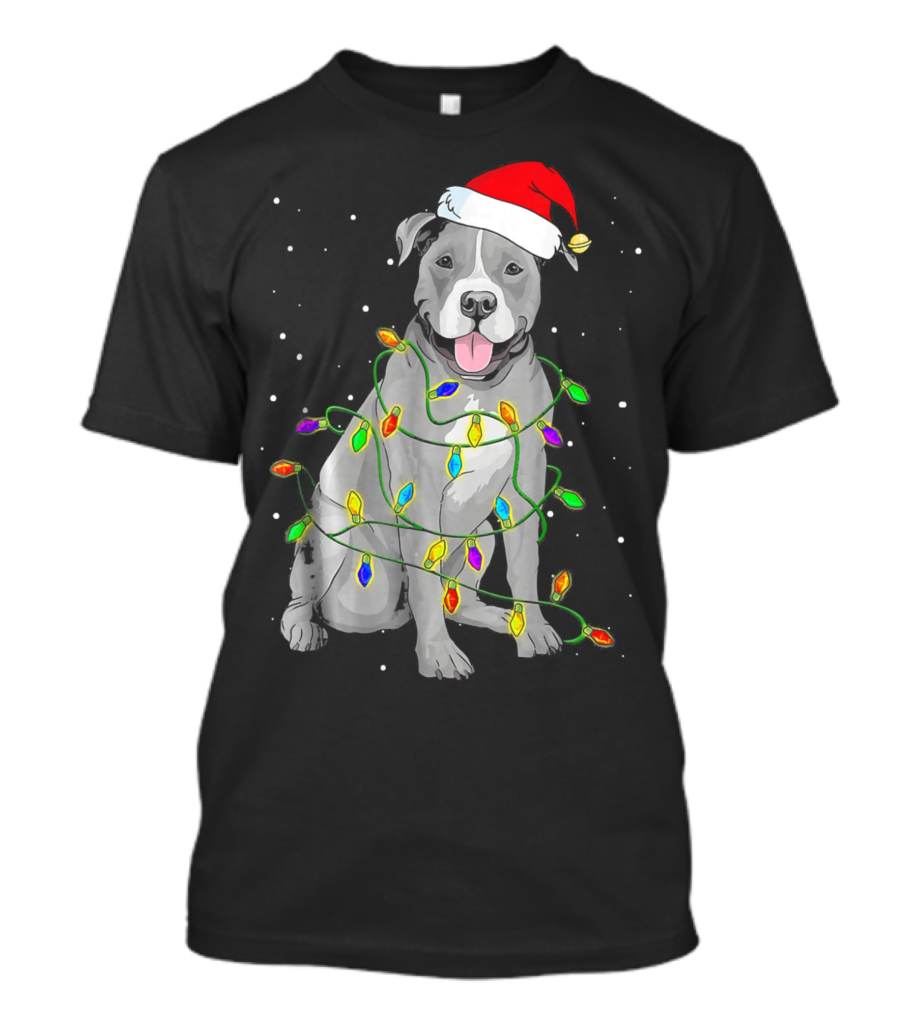 Pitbull In Santa Hat Wrapped In Christmas Lights With Snowy Background T-Shirt