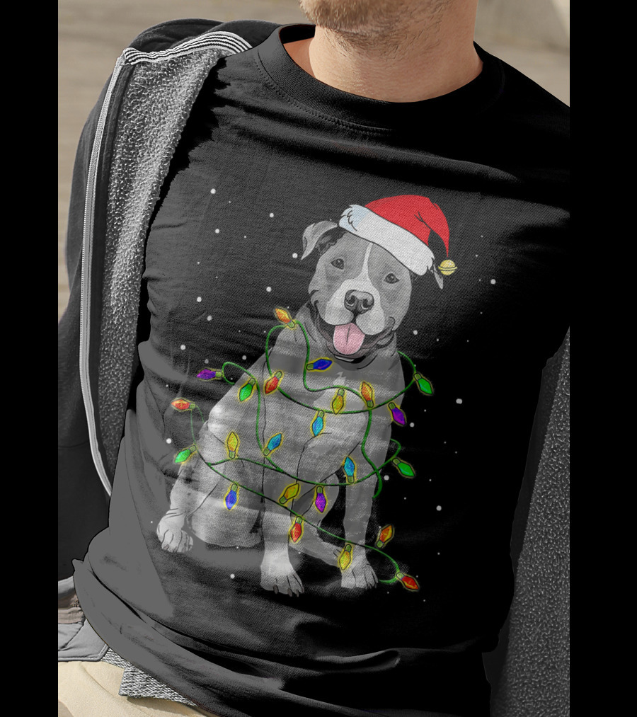 Pitbull In Santa Hat Wrapped In Christmas Lights With Snowy Background T-Shirt