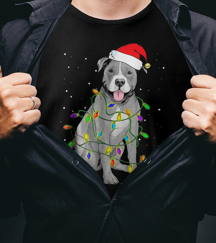 Pitbull In Santa Hat Wrapped In Christmas Lights With Snowy Background T-Shirt