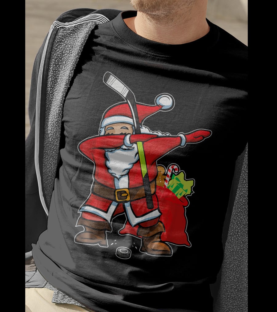 Santa Dabbing With Hockey Stick Christmas Hip Hop With Gifts And Hockey Puck T-Shirt