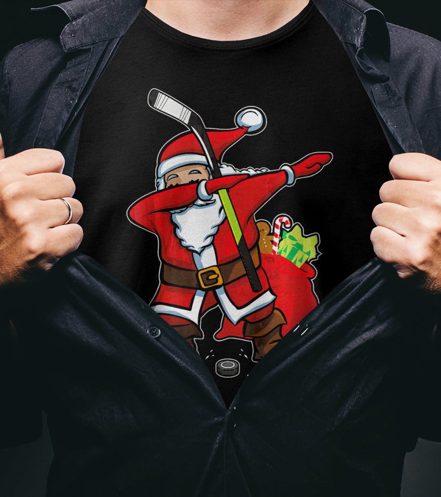 Santa Dabbing With Hockey Stick Christmas Hip Hop With Gifts And Hockey Puck T-Shirt