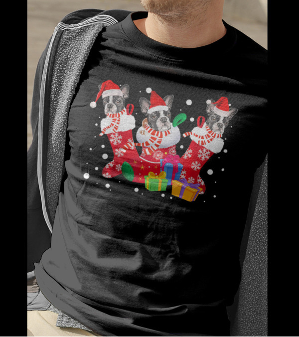 Three Boston Terrier In Santa Hat Stockings Christmas Gifts T-Shirt