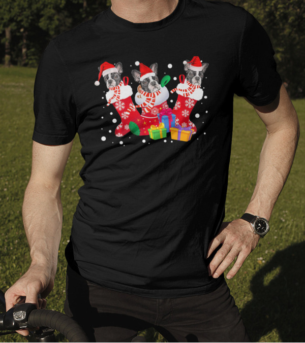 Three Boston Terrier In Santa Hat Stockings Christmas Gifts T-Shirt