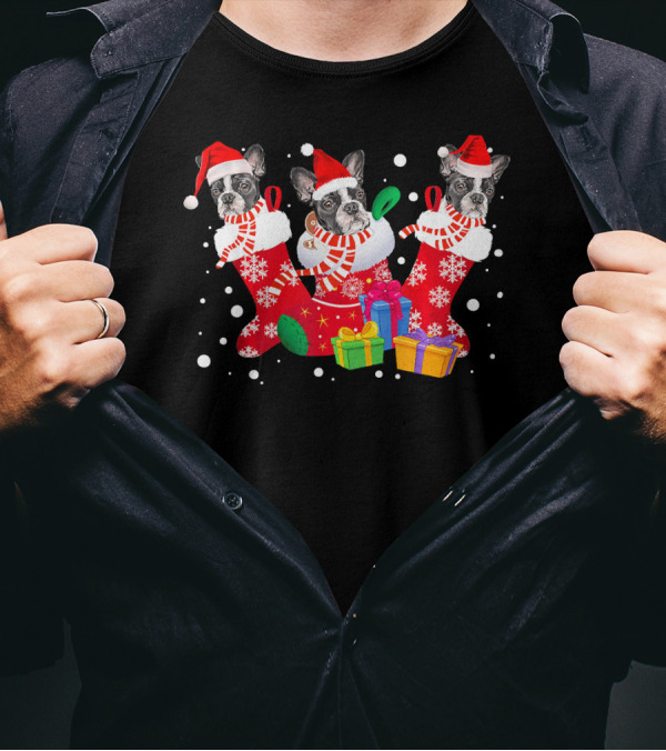 Three Boston Terrier In Santa Hat Stockings Christmas Gifts T-Shirt