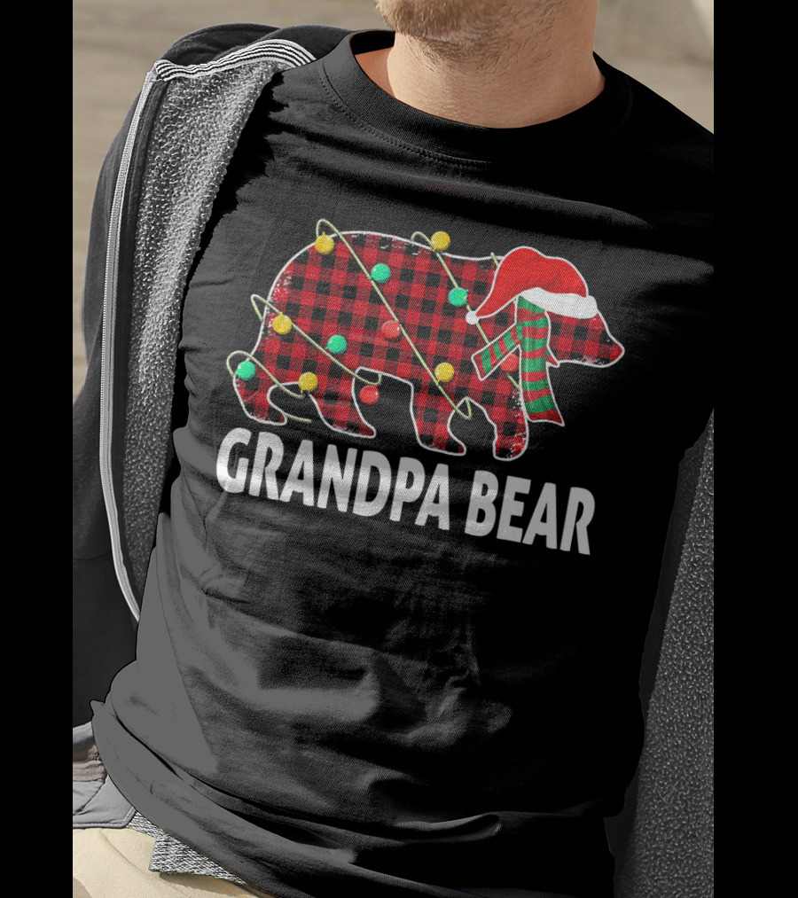 Grandpa Bear Plaid Christmas Hat Family Holiday Lights T-Shirt