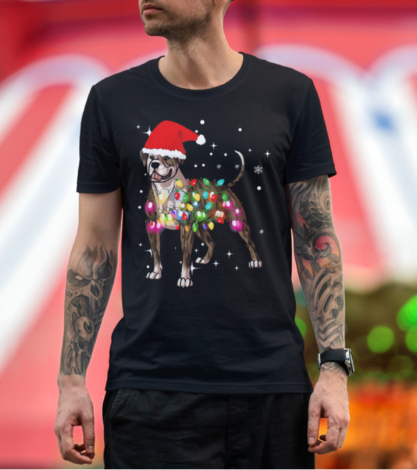 Premium T-Shirt: Christmas Lights American Bulldog Santa Hat Snowflakes T-Shirt Christmas Lights American Bulldog Santa Hat Snowflakes T-Shirt