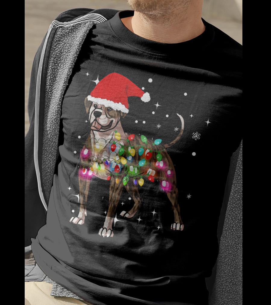 Christmas Lights American Bulldog Santa Hat Snowflakes T-Shirt