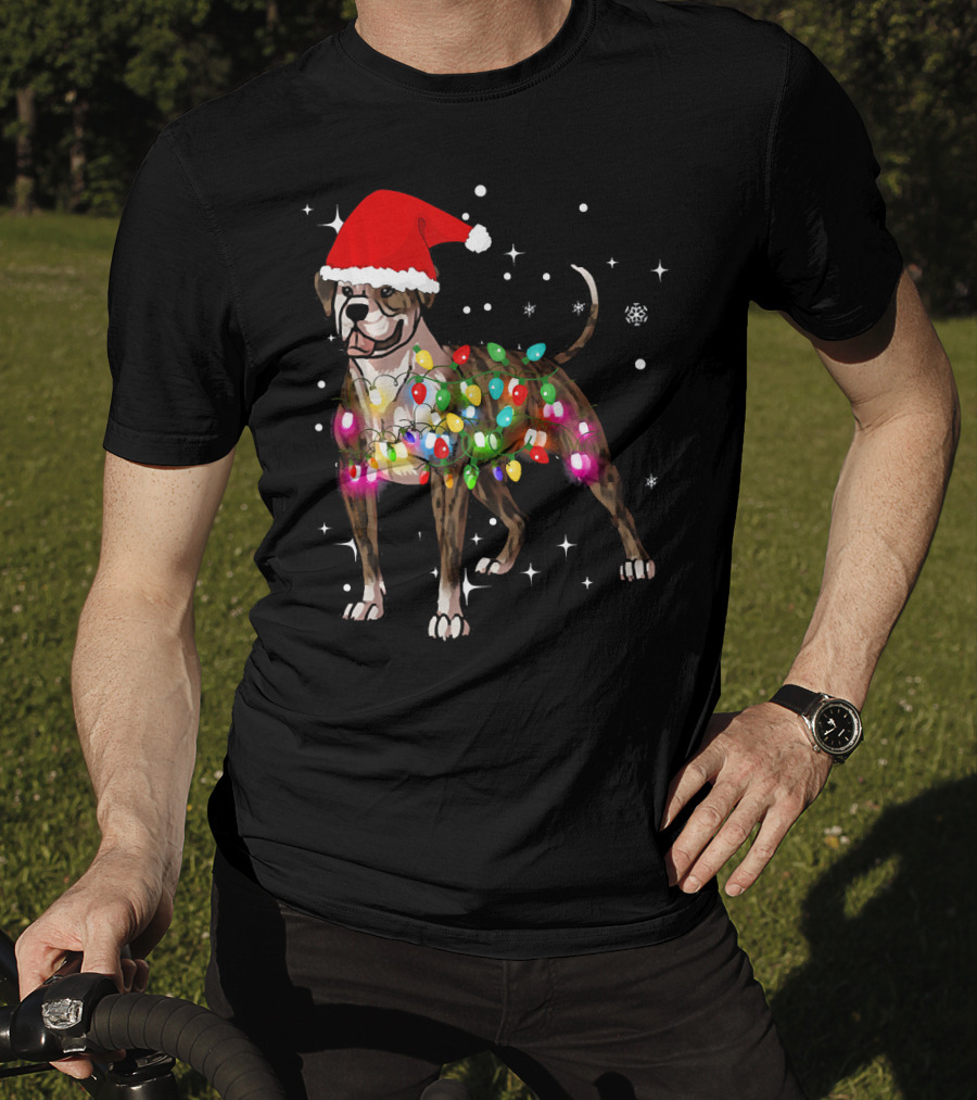 Christmas Lights American Bulldog Santa Hat Snowflakes T-Shirt