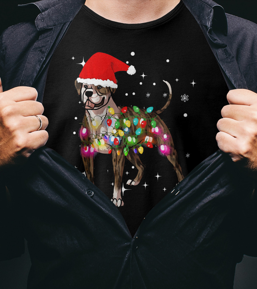 Christmas Lights American Bulldog Santa Hat Snowflakes T-Shirt