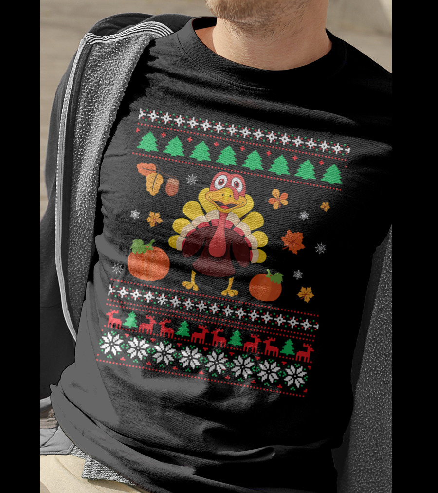 Thanksgiving Turkey Ugly Christmas Sweater Design With Pumpkins And Autumn Leaves T-Shirt