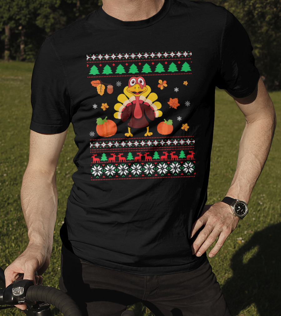 Thanksgiving Turkey Ugly Christmas Sweater Design With Pumpkins And Autumn Leaves T-Shirt