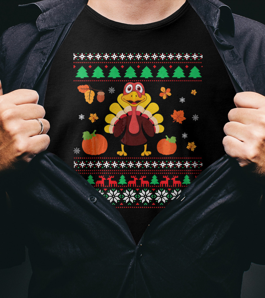 Thanksgiving Turkey Ugly Christmas Sweater Design With Pumpkins And Autumn Leaves T-Shirt