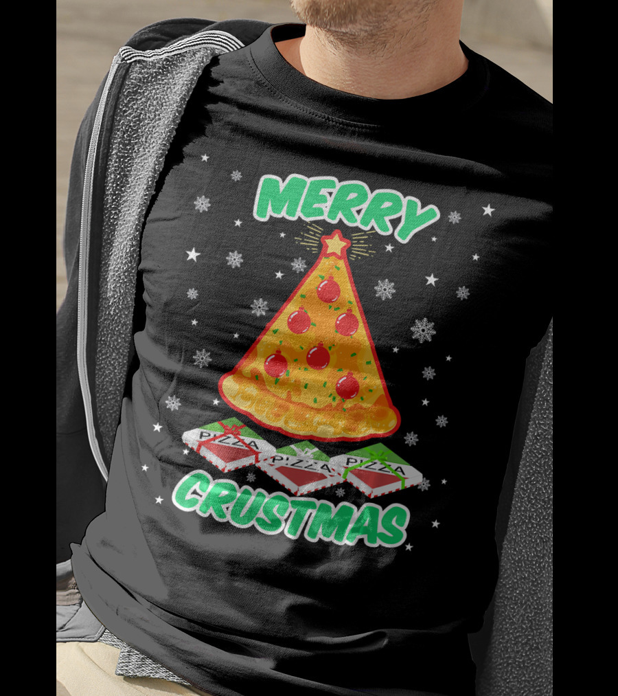 MERRY CRUSTMAS Funny Pizza Christmas Tree With Snowflakes And Pizza Boxes T-Shirt