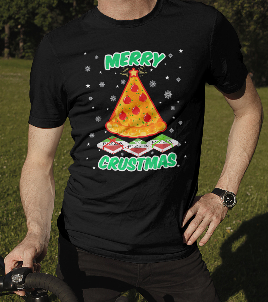 MERRY CRUSTMAS Funny Pizza Christmas Tree With Snowflakes And Pizza Boxes T-Shirt