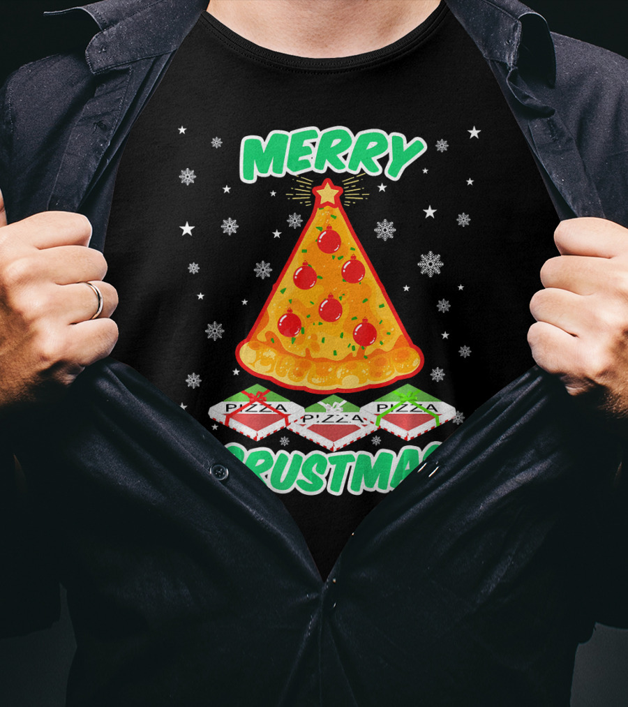 MERRY CRUSTMAS Funny Pizza Christmas Tree With Snowflakes And Pizza Boxes T-Shirt