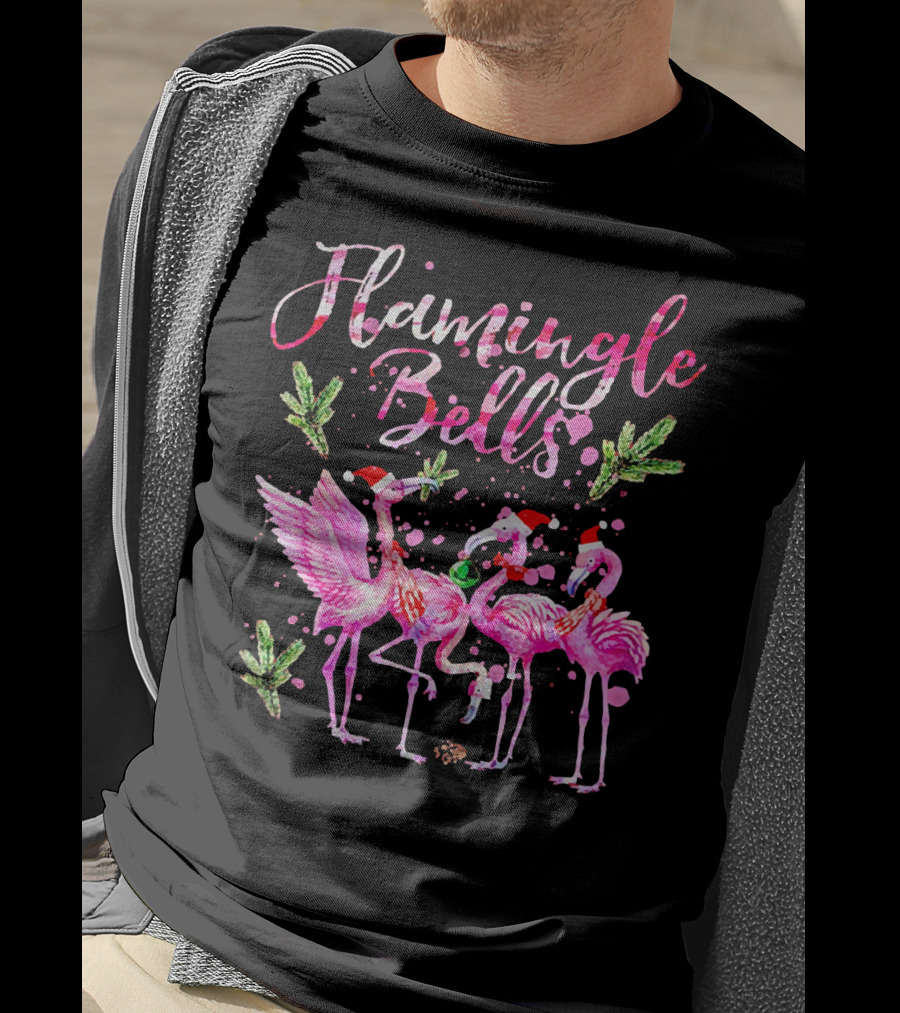 Flamingle Bells Flamingos With Christmas Santa Hats And Holiday Greenery T-Shirt