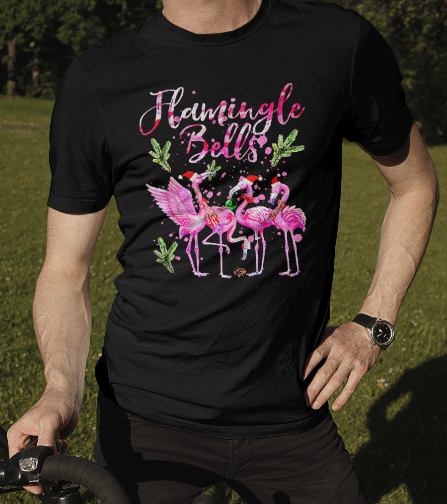 Flamingle Bells Flamingos With Christmas Santa Hats And Holiday Greenery T-Shirt