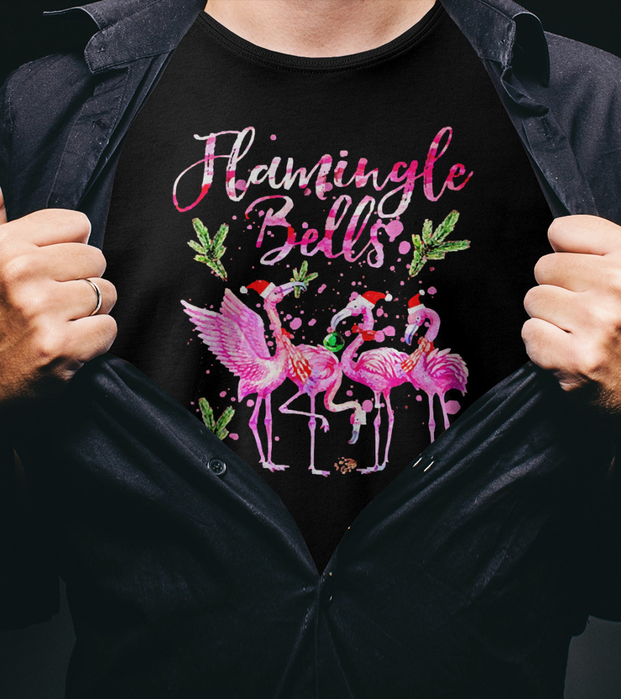 Flamingle Bells Flamingos With Christmas Santa Hats And Holiday Greenery T-Shirt