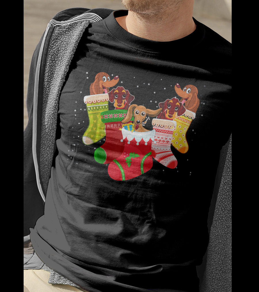 Playful Dachshunds In Colorful Christmas Socks Festive Humor T-Shirt