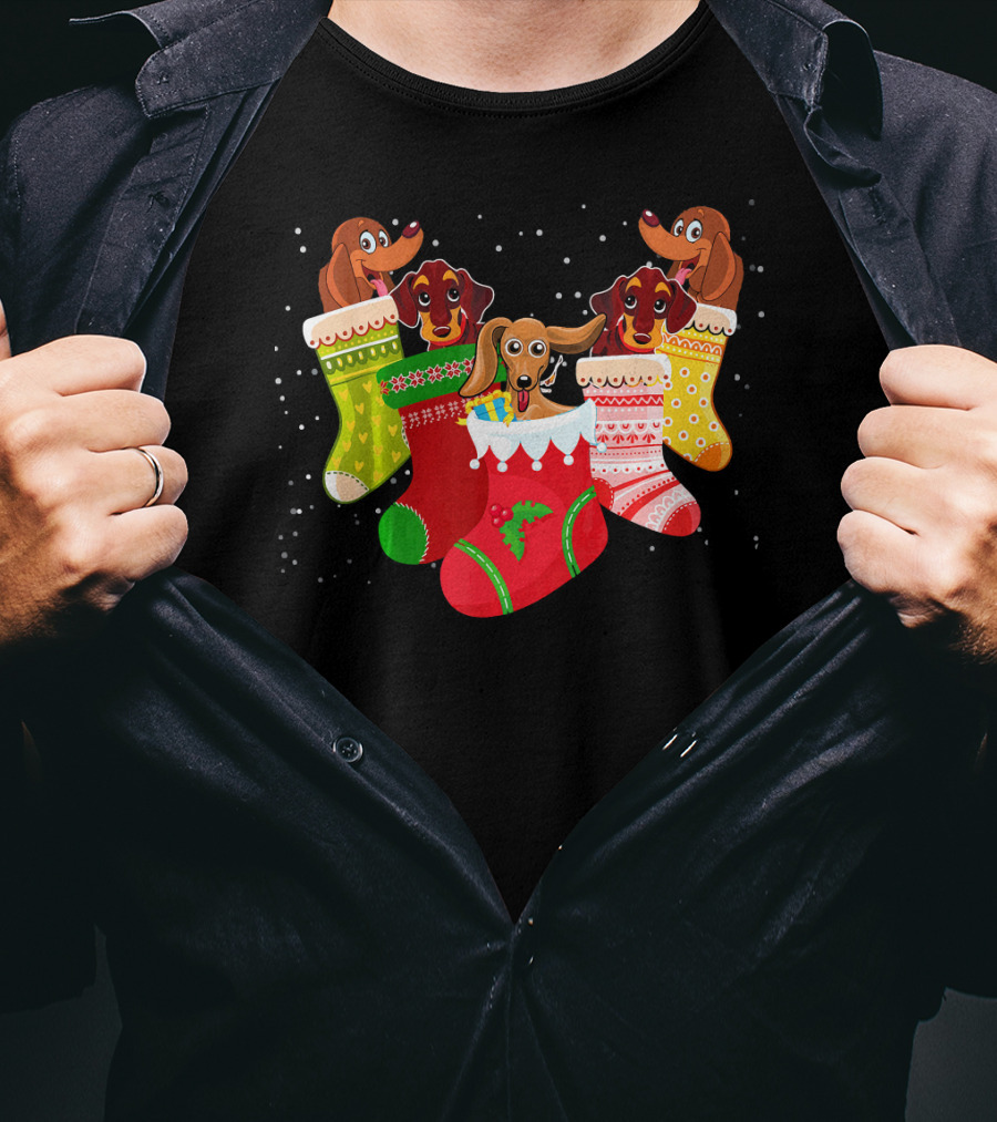 Playful Dachshunds In Colorful Christmas Socks Festive Humor T-Shirt