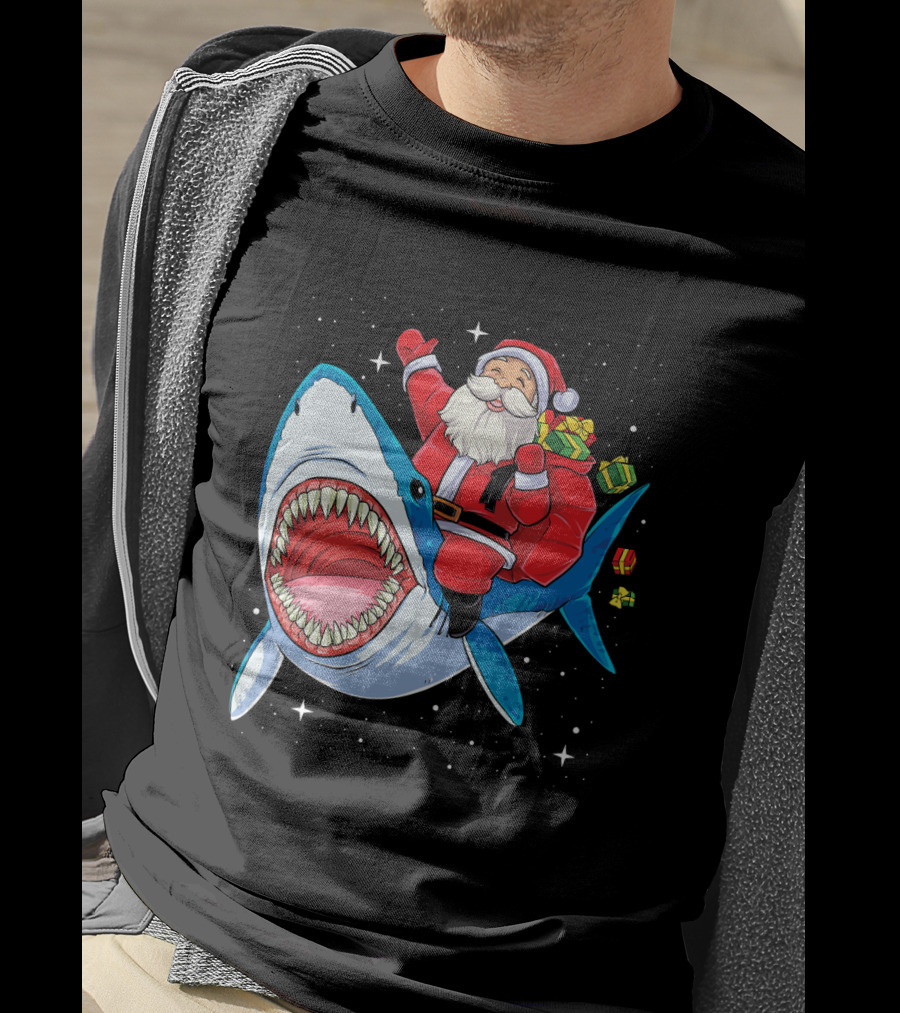 Santa Claus Riding A Shark With Gifts T-Shirt