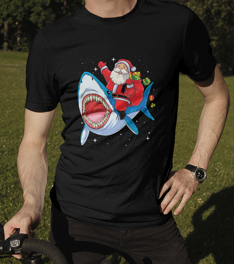 Santa Claus Riding A Shark With Gifts T-Shirt