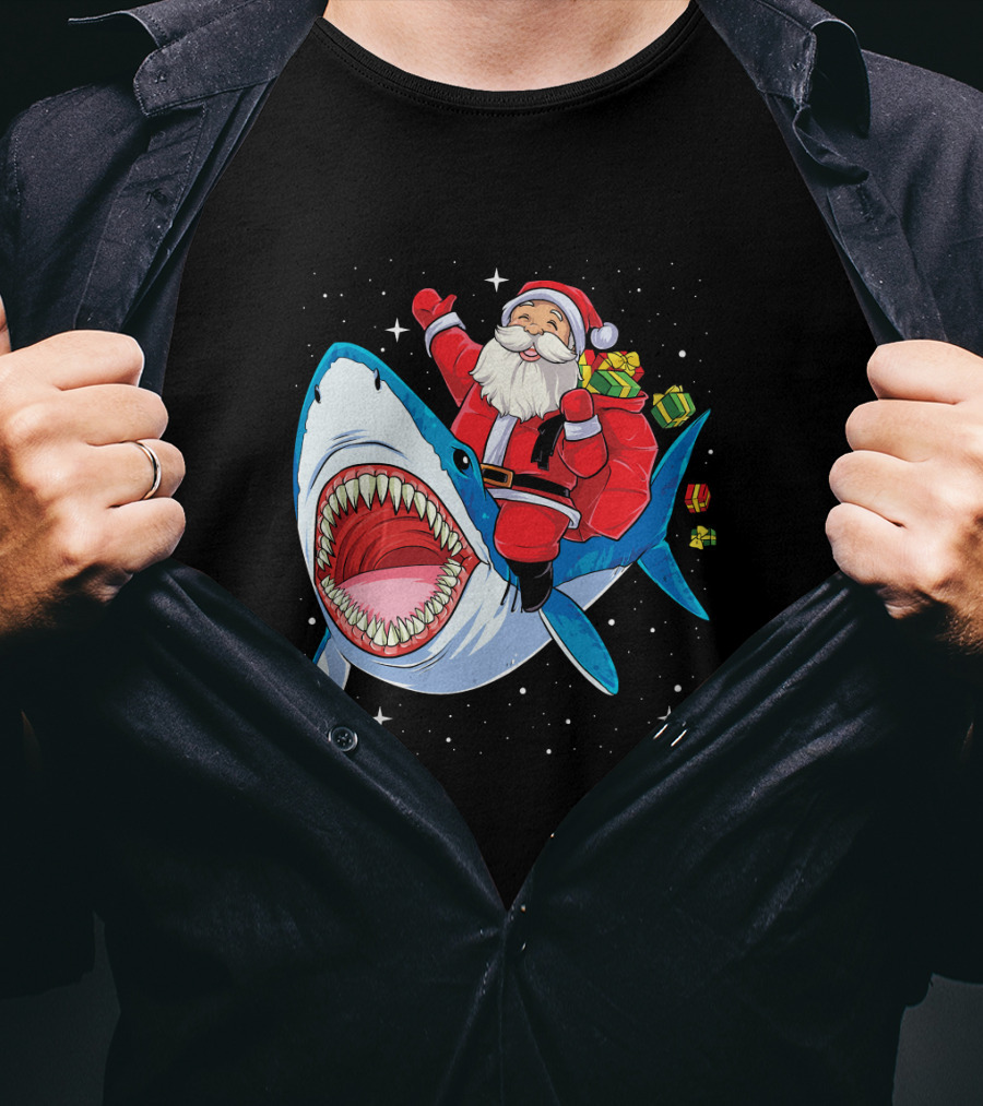 Santa Claus Riding A Shark With Gifts T-Shirt