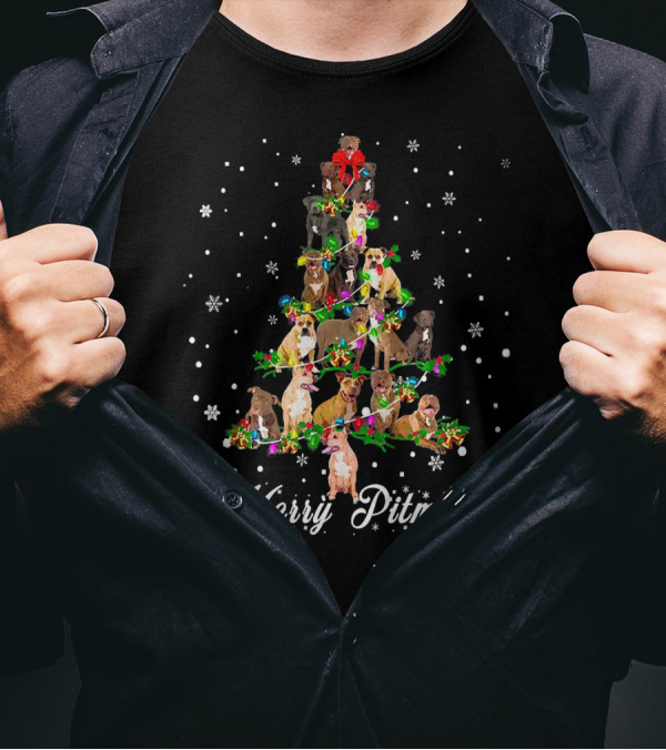 Merry Pitmas Pitbull Christmas Tree With Snowflakes And Holiday Decorations T-Shirt