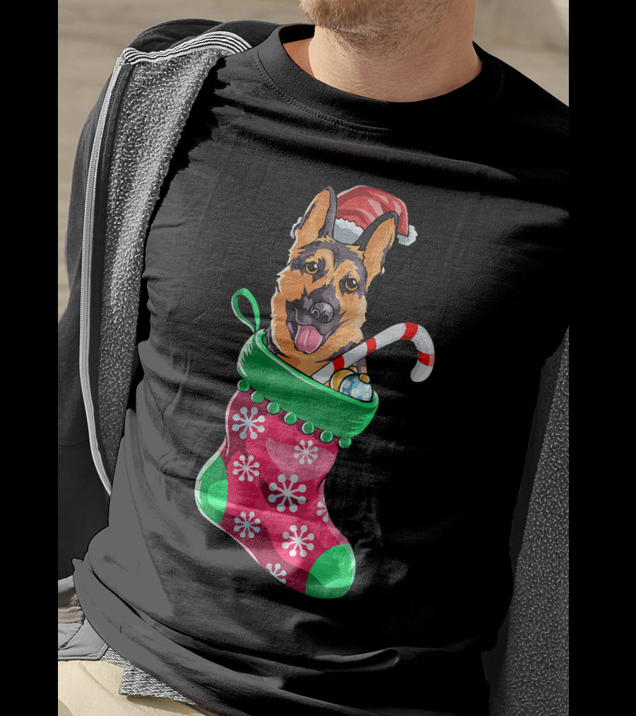 German Shepherd In Christmas Santa Hat Stocking With Candy Cane T-Shirt